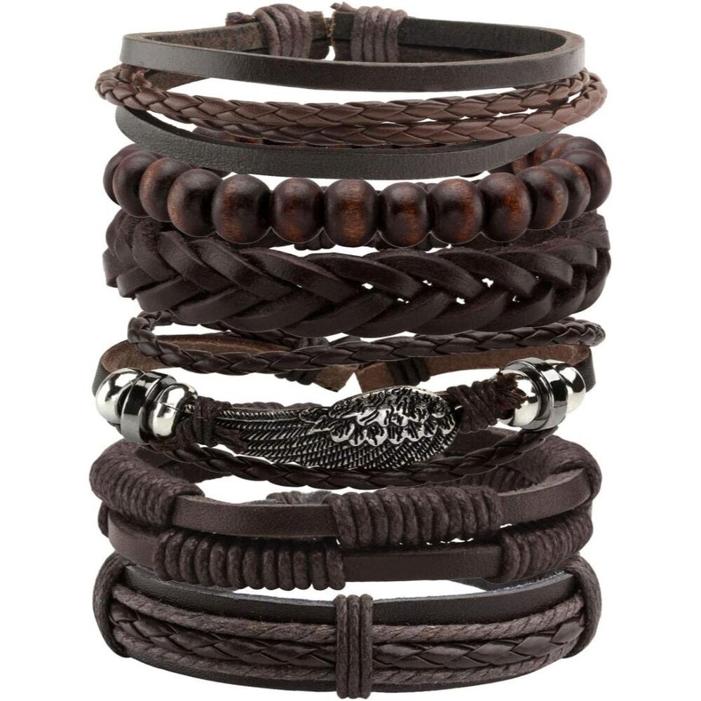 6-12PCS Braided Faux Leather Bracelet Punk Cuff Wrap Bracelets for Men Women Adj - Picture 1 of 6